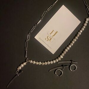 Handmade Silver Plated Titanium and Authentic Pearl Necklace with earring set